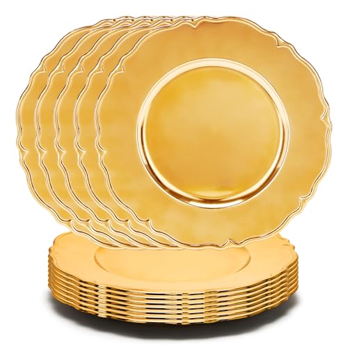 Roncooker Charger Plates Collection, Disposable Plastic Chargers for Dinner Plates 13 Inch, Essential Plates Setting for Family Gatherings Holiday Meals (Lace Gold, 12 PCS)