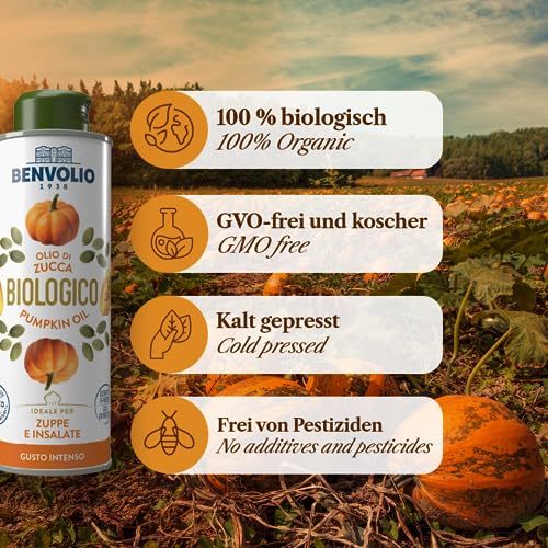 BENVOLIO Kürbiskernöl Bio Kaltgepresst 250ml - 100% Natürliches & Rein, für Haut, Haar & ProstataGesundheit | Verwendung in Salaten, Suppen, Haut, Haarpflege, Lash und Brauenwuchs | Pumpkin Seed Oil
