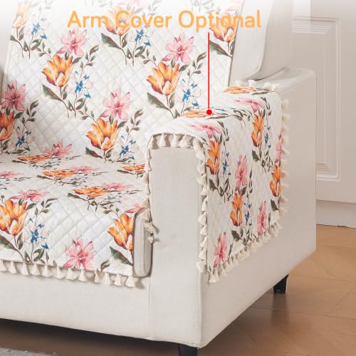 Image of HOKIPO Painterly Floral Quilted Sofa Cover for 1 Seater with Tassels for Seat & Back, 'Tassel Twigs' Series (IN-989-T8)