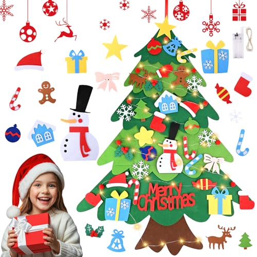 Vankarr Árbol De Navidad De Fieltro,100 cm DIY Árbol de Navidad de Fieltro, con 32 Piezas Adornos Navideños Desmontables, 3m Cadena de Luces,Decoración Colgante para Decoración De Pared