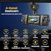 4 Kanal Dashcam Auto Vorne Hinten 4K/1080P,360° Dasch-Cam Auto mit 64GB SD-Karte,4X 140° Weitwinkel,WDR Nachtsicht (8 IR-LEDs),G-Sensor,Dashcam mit parküberwachung,Loop-Aufnahme,WiFi App – Ansicht 2