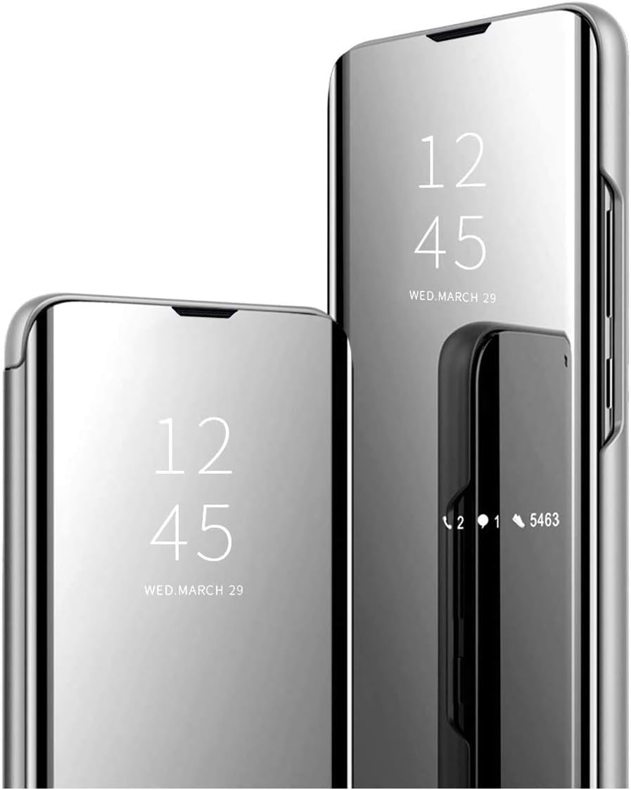 Clear View Cover Case for Samsung Galaxy Note 3 Standing Flip Folding Kickstand Case with Full Screen ProtectionShockproof Electroplate Plating Mirror Holder Smart Bumper Case-Silver