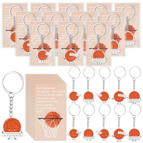 25 Sets Basketball Keychain Gifts Bulk Basketball Accessories Acrylic Sports Keychains with Motivational Cards for Team Gifts Classroom Rewards