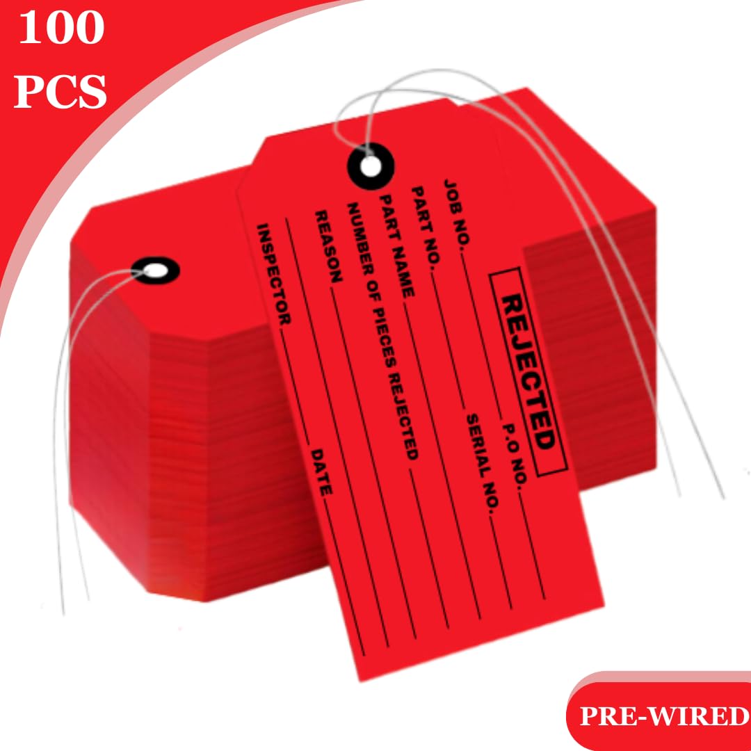 100 Rejected Tags Individually Pre-Wired - Red Inspection Cardstock Quality Control Tag with Reinforced Eyelet - 4-3/4" x 2-3/8" Pre- Attached Wire for Convenient Examinations