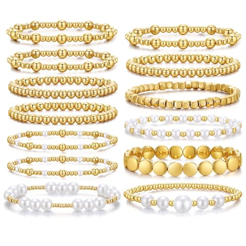 ZGDYi 13 Pièces Gold Bracelets Femme Or – Ensemble de Bracelets Perles Élastiques Dorés, Empilables Réglables, Bijoux Mode, Or Cadeau Anniversaire, Bijoux pour Femmes et Filles, Accessoires Élégants