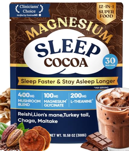 Mushroom Hot Cocoa Powder Natural Sleep Aid for Adults with Magnesium Glycinate Reishi & L-Theanine 12 Superfoods Melatonin 3mg Moon Bedtime Brew Hot Chocolate Drink Mix for Sleep 30 Serving