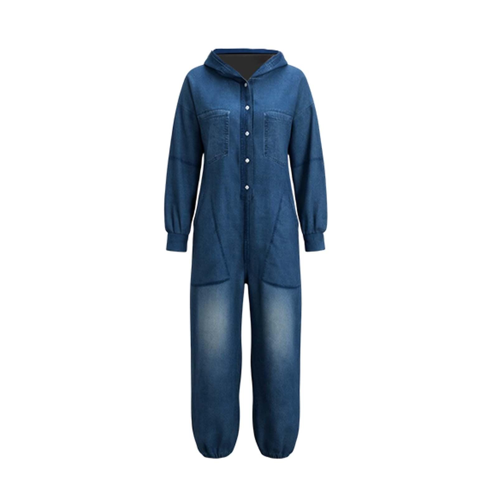 Combinaison en jean pour femme à manches longues - Décontractée - Coupe ample - Jambe large avec boutons et poches - Couleur unie - Pour les vacances, les loisirs, la vie quotidienne DéContracté
