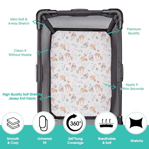 Image of Pack n Play Sheets, BROLEX 2 Pack Mini Crib Sheets,Stretchy Portable Fitted Playard Sheet Set, Convertible Playard Mattress Cover,Ultra Soft Breathable Material,Fawn & Flora