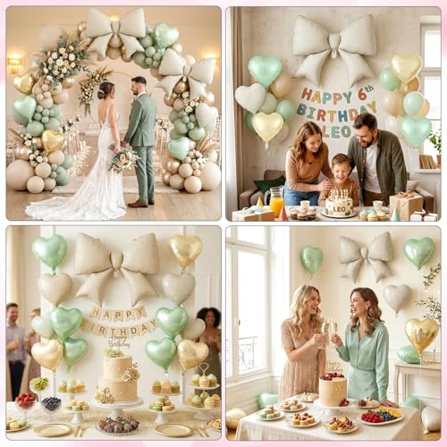 Image of 12 Pcs 18 Inch Heart Balloons and 38 Inch Bow Balloons, Large Foil Bow Heart Balloon Bow Party Decorations for Birthday Baby Shower Valentines Wedding Party