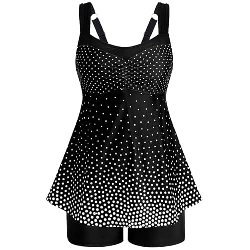HUSKARY Tankini Swimsuits for Women Tummy Control Two Piece Bathing Suit Flowy Swim Tank Top with Boyshorts Small Black White Polka Dot
