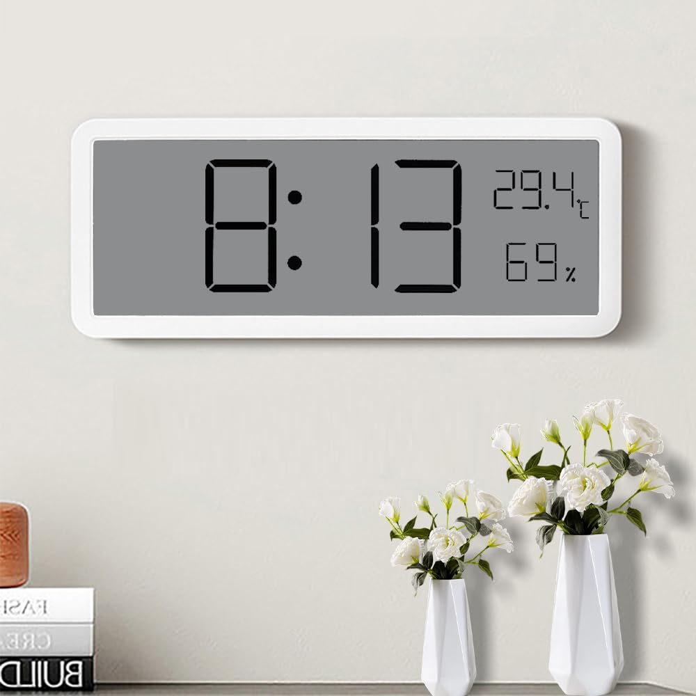Jonuin Digital Wall Clock, 8'' LCD Digital Wall Clock with Time, Temperature, Humidity Display, Battery Operated Wall Clocks for Living Room, Bedroom, Kitchen, Desk (White)