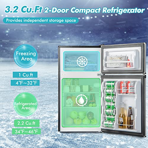 COSTWAY Compact Refrigerator, 3.2 Cu.Ft. Fridge Freezer Compartment with Reversible 2 Door, Adjustable Thermostat, Removable Glass Shelves, Mini Refrigerator for Bedroom Dorm Apartment, Silver - Image 4