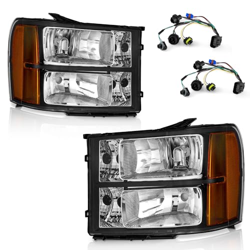 WEELMOTO Headlights for 2007-2013 Sierra Headlight for 07-13 GMC Sierra 1500/07-14 Sierra 2500 HD 3500 HD Headlamp Black Housing Amber Reflector L+R wiring harness included