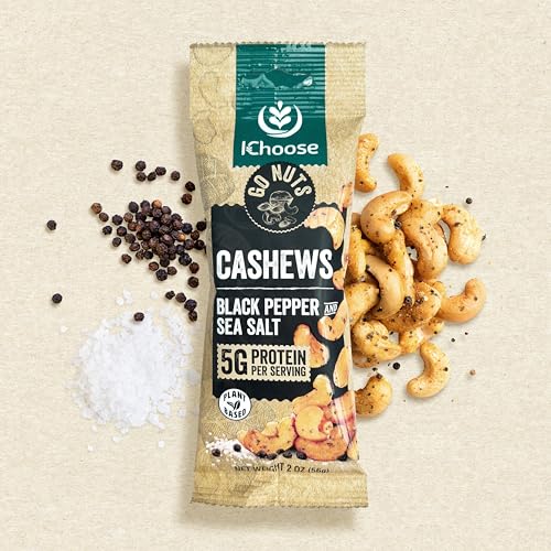 Image of IChoose Go Nuts - Premium Cashews, High Protein Plant-Based Snack, 2 oz per Pack (20 Packs, Black Pepper and Sea Salt)
