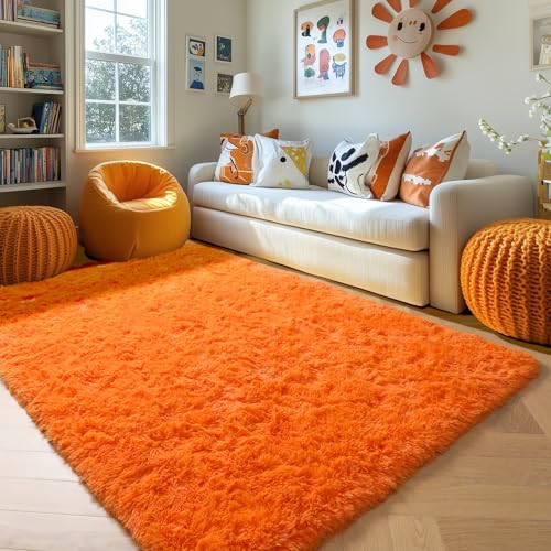 Amdrebio Orange Rugs for Bedroom Living Room, 5x7 Fluffy Fuzzy Area Rugs for Kids Room Decor Aesthetic, Cute Furry Plush Shag Carpet for Toddler Teen Girls Boys Baby Nursery Dorm Playroom Classroom