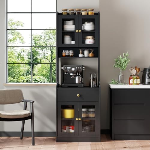 Image of 23.6 inch W Walnut Kitchen Pantry Hutch - Freestanding Storage Cabinet 2 Cabinets 1 Drawer with Microwave Stand for Kitchen Coffee Bar (Black 23 inch W)