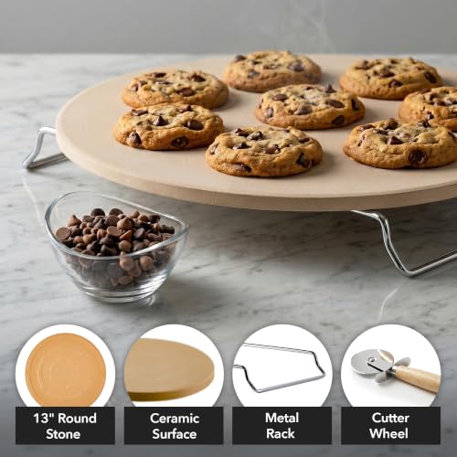 Image of OVENTE 13 inch Round Pizza Stone for Oven and Grill, Beige BW10132 | Heat Resistant Flat Ceramic w / Cutter Wheel, Metal Rack Stand, Ideal for Making Crisp Crust Flatbread, Bread, Cookies & More