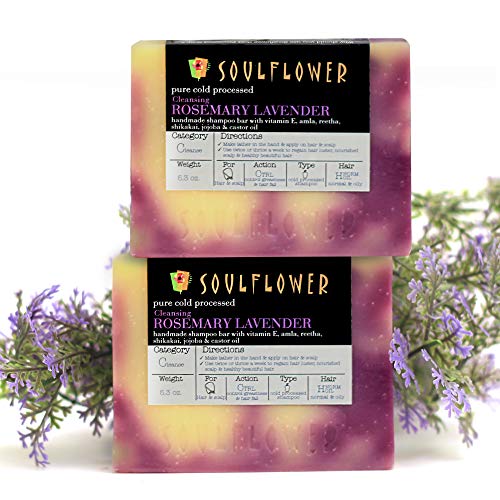 Soulflower Hydrating Shampoo Bars for Normal to Dry Curly Hair & Scalp Nourishment - Paraben Sulphate Free, Organic Eco-friendly Packaging & Vegan Handmade Bar soaps for men, Enriched with Rosemary Lavender Essential Oils 5.3 Oz x 2 Bars