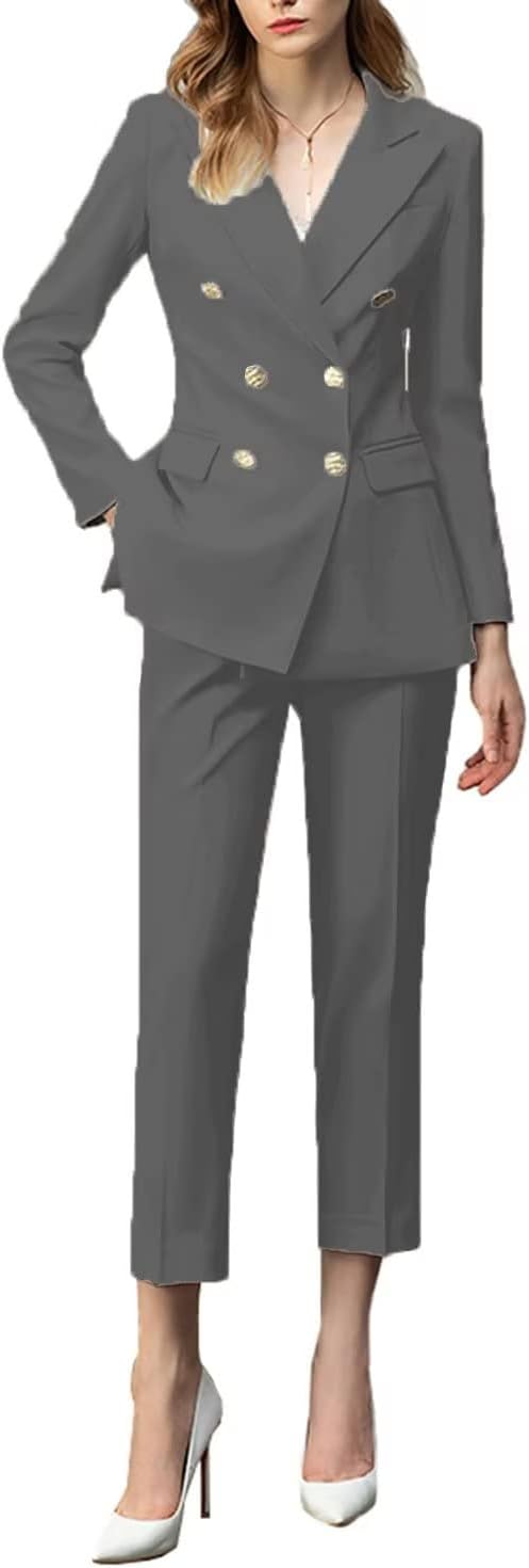 2 Piece Women's Peaked Lapel Classic Fit Outfit Double Breasted Formal Business Blazer Pant Suits