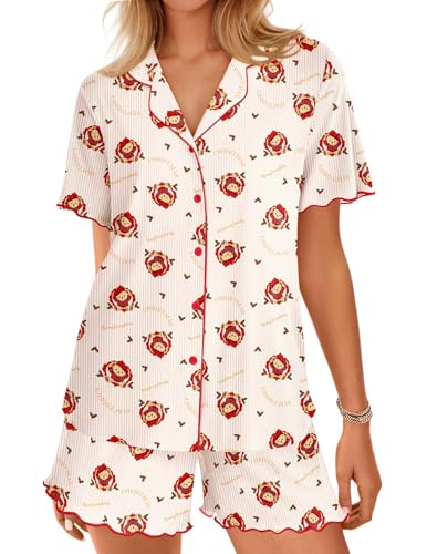 Image of Ekouaer Button Up Pajamas Set for Women Short Sleeve Ribbed Knit Sleepwear 2 Piece Pjs Shorts Set