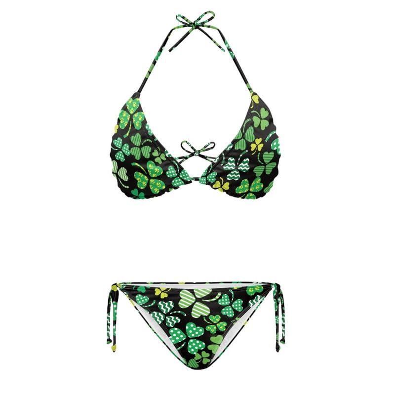 Irisjudy Green Clover Leaves Women Halter String Swimwear 2 Piece Bikini Sets, St. Patrick's Day Costume Swimsuit Triangle Top Green Black Spaghetti Strap Beachwear