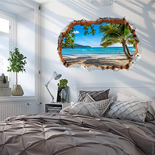 WandSticker4U®- 3D Wandtattoo BLICK AUFS MEER I Wandbild: 90x60 cm I Wandsticker Strand Palme Insel Poster I Wand Durchbruch Deko für Wohnzimmer Schlafzimmer Küche Flur Bad Aufkleber