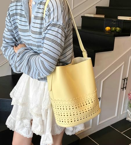 2 Pcs Hollowed Bucket Bags Women Trendy PU Leather Hobo Underarm Shoulder Bag Crossbody Purse Beach Travel Tote Handbag2