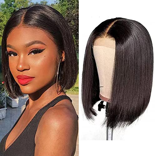 Lace Front Short Bob Wigs Human-Hair 4X4 Straight Bob lace Front Wigs For Black Women Brazilian Virgin Human Hair Middle Part 150% Density with Baby Hair Natural Color (10 Inch)