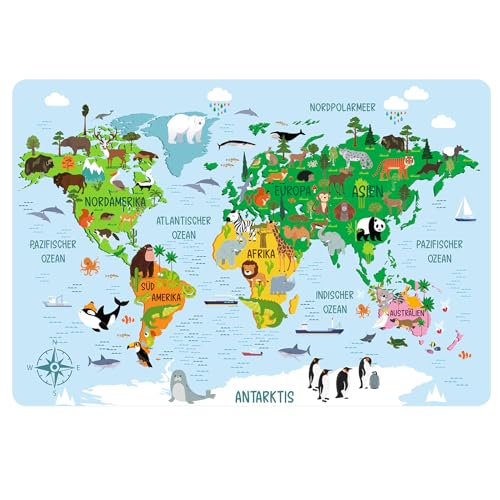 Smivyhp Schreibtischunterlage für Kinder mit Weltkarte und Tiermotiv 60x40 cm Schreibtischunterlage abwischbar aus PU Leder Öl und schmutzabweisend rutschfest für Schule Home Office