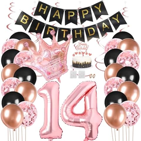 Juland 14th Birthday Party Decorations Black Gold Rose Happy Birthday Banner Latex Balloon Confetti Balloon Pink Crown 14 Number Foil Balloon Hanging Swirl with Cake Topper for Boy Girl Men Women Cover