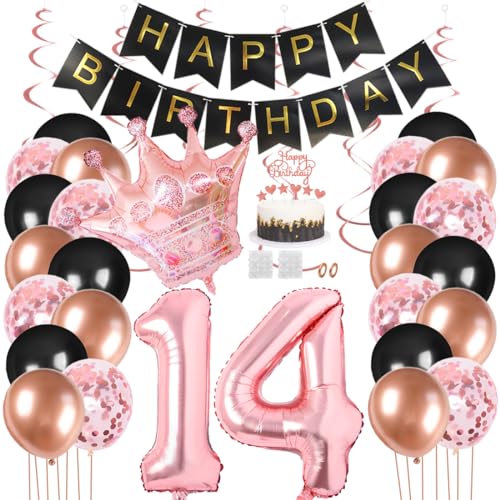Juland 14th Birthday Party Decorations Black Gold Rose Happy Birthday Banner Latex Balloon Confetti Balloon Pink Crown 14 Number Foil Balloon Hanging Swirl with Cake Topper for Boy Girl Men Women