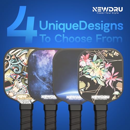 Image of NEWDRU Pickleball Paddle Set 2 Rackets & 4 Ball - Fiberglass Surface for Power & Control | Honeycomb Base Cushion Comfort Grip (2 Rackets, 4 Outdoor Balls & Portable Racquet Bag) - Space & Stars