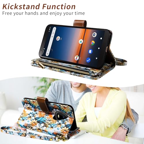 Wallet Case for SCHOK Volt SV55 SV55216 with Wrist Strap Crossbody Shoulder Strap Flower Leather Zipper Purse Card Holder Protector Stand Phone Cover SchokVolt Schock SV 55216 5.45 Girls Brown3