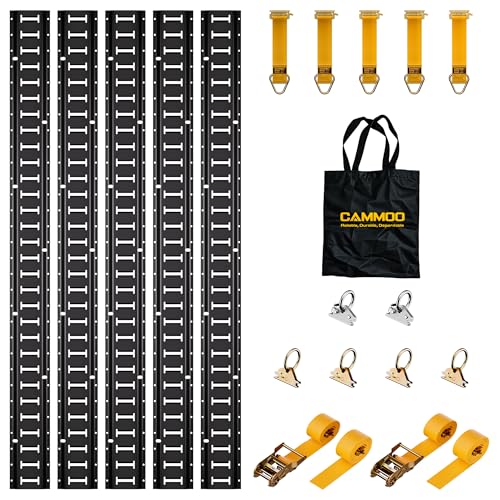 CAMMOO 5FT E-Track Rail Kit with 2200lbs Load Capacity 18 Pcs Includes 5 Rails 2 Ratchet Straps 5 D-Rings 4 Standard O-Rings 2 Heavy Duty O-Rings & Storage Bag for Trucks Vans Trailers Black