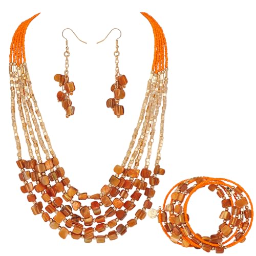 Firstmeet Bohemian Layered Shell Beaded Necklace With Earrings Bracelet Seed Bead Irregular Costume Jewelry for Women(XL-1201-Orange SetA)