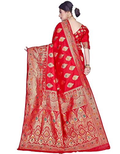Image of C J Enterprise Women's Jacquard Silk Banarasi Kanjivaram Style Saree Paithani Red