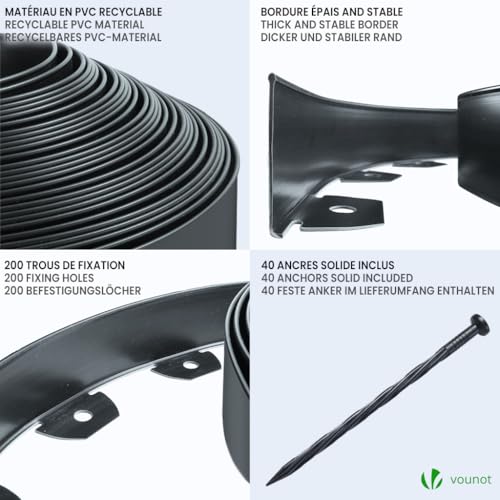 VOUNOT Flexible Rasenkante Kunststoff, mit 40 Erdanker, Länge 20m Höhe 5cm, Anthrazit
