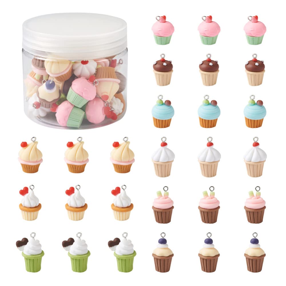 Beadthoven 36Pcs Cupcake Resin Charms Pendants 9 Styles Mixed Imitation Dessert Plastic Cake Charms Ice Cream Cake Dangle Beads with Loops for