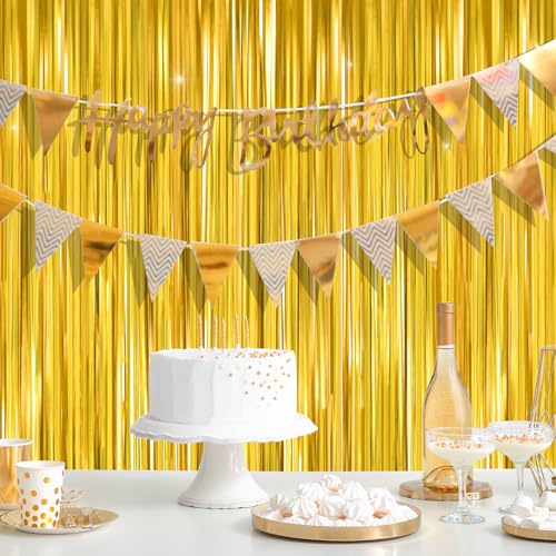 Image of Gold Metallic Tinsel Foil Fringe Curtains Backdrop 2Pack 3.3x8.3Ft Gold Party Streamers for Birthday Party Decorations Halloween Christmas Decors Foil Curtain Backdrop for Bachelorette Wedding
