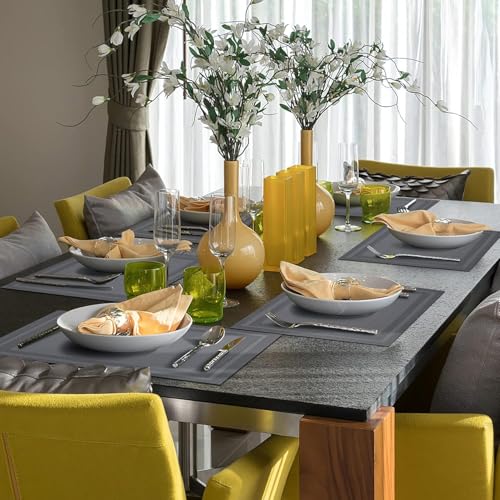 Image of Placemats Set of 6 Dining Table Place Mats | Placemats Table Mat PVC Material | Non-Slip Heat Resistant | Dining Tablemates Washable Anti-Skid | Size 45 x 30cm (Grey)