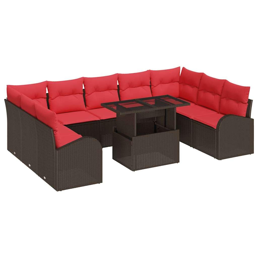Ensemble de Canapé de Jardin 10 Pcs en Poly Rotin Marron | Salon de Jardin Modulable 9 Places avec Table Réglable en Hauteur et Cousins Rembourrés | Idéal pour Grande Terrasse et Patio