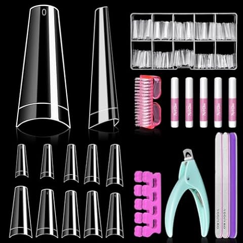 Clear Coffin Nails Tips Half Cover, IKOCO 500Pcs Nail Tips for Acrylic Nails Professional Ballerina False Nails with Glue, Nail Clipper, Nail File Buffer for DIY Fake Nails Cover
