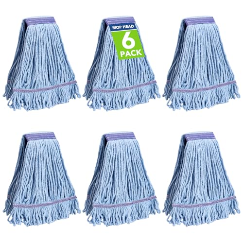 6 Pack Commercial Mop Head Replacement Heavy Duty Mop Head for General and Floor Cleaning | Industrial Wet Mops | Washable Refill Reusable Looped End Mopheads | Hardwood Concrete