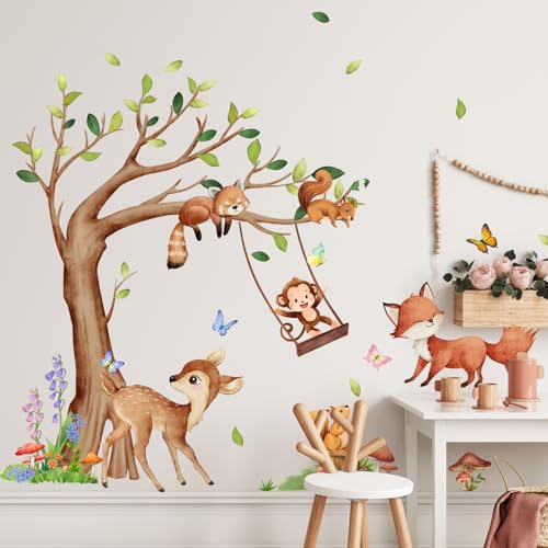 Woodland Animals Wall Stickers for Nursery Watercolor Forest Tree Wall Decals with Fox, Deer & Squirrel