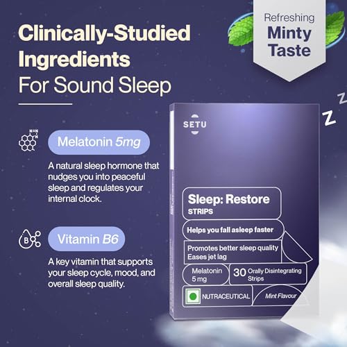 Image of Setu Sleep Restore Melatonin 5mg - 30 Orally Dissolving Strips (Pack of 1) | Plant Based 5 mg Melatonin | Promotes Relaxation & Sleep, Eases Jet Lag Strain, Non-Habit Forming | Tasty Mint Flavor
