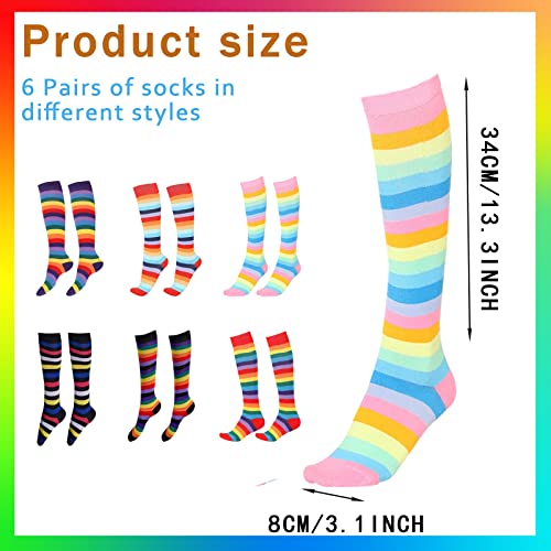 Kabcifea 6 Pairs Colorful Knee Rainbow Socks For Women Striped Knee High Rainbow Thigh Highs Socks Pride Striped Knee Stocking For Cosplay Halloween For Girls #TOP3