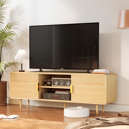 TV Stand for 65 Inch TV, Fluted TV Stand with Curved Profile Design, Wood Entertainment Center TV Console Table with Sliding Doors & Adjustable Shelves, TV Stand for Living Room Bedroom, Natural