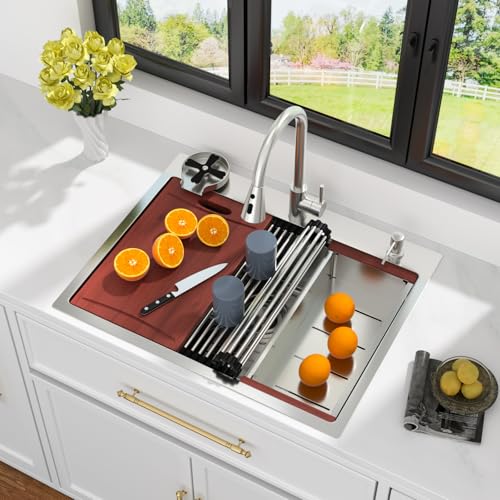 Image of Kichae 28 Drop In Kitchen Sink with Faucet - Stainless Steel Sinks 28 x 22 Workstation Sink Topmount Overmount Single Bowl Handmade Basin All Accessories Included