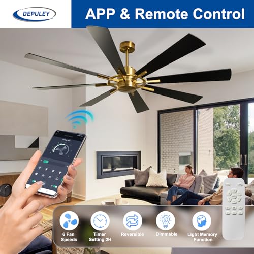 Image of Depuley Ceiling Fan Without Light: 72 Inch Big Indoor Outdoor Fan with Remote APP Control - Large Farmhouse Black Gold Ceiling Fan no Light 8 Blade Reversible Quiet DC Motor Memory Function Timer