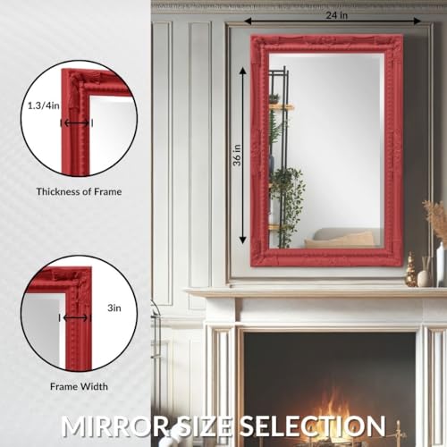 Image of Howard Elliott Collection Queen Ann Rectangular Glossy Red Wall Mirror, Rectangle Hanging Wood Framed Vanity Mirrors for Home Decor, Living Room, Bathroom, Bedroom, or Hallway, 24 x 36 Inch
